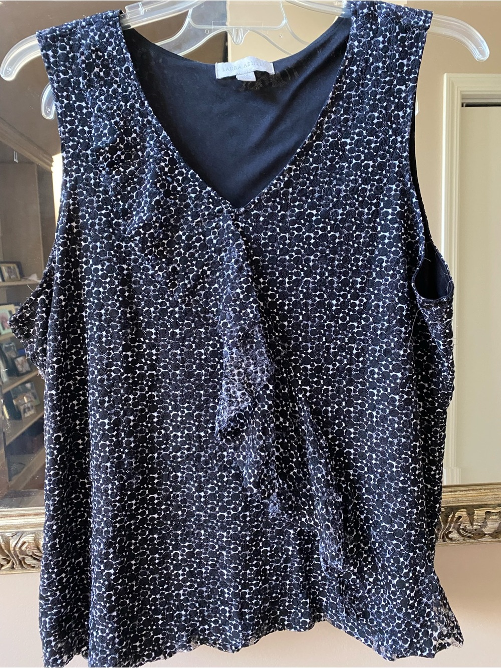 Laura Ashley Black & White Ruffle V-Neck Tank Top, 2X